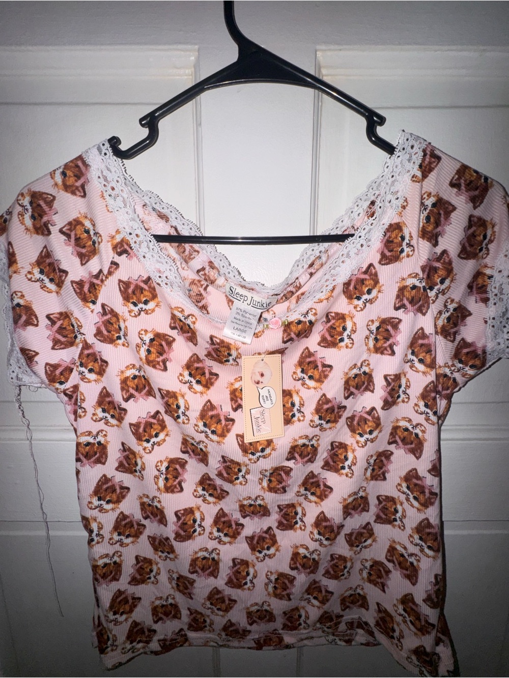 Pink Cat-Print Lace Trim Short Sleeve Top